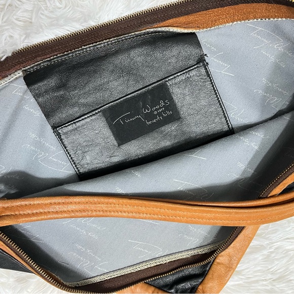 TIMMY WOODS 1977 Vintage Leather Triangle Wristlet Handbag Purse Pouch Black Tan - Picture 5 of 6